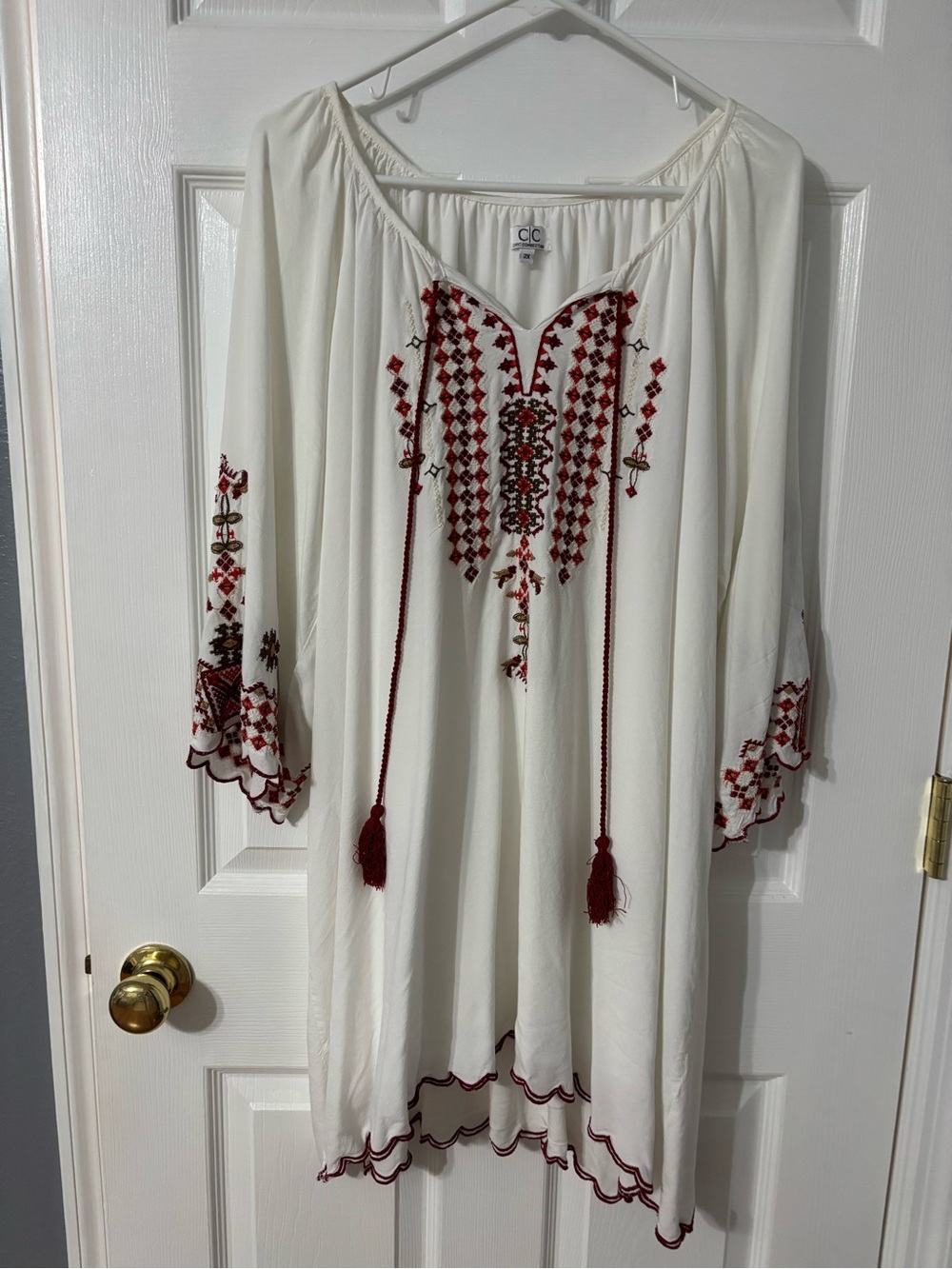 CC Embroidered Boho Tunic Dress in Ivory with Red Accents
